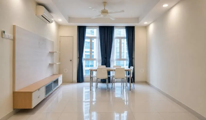 Dining features: white walls, glossy tile flooring, 5-blade ceiling fan with light, floor-to-ceiling windows, blue curtains, dining table for four, white dining chairs, built-in wall shelf, air conditioning unit; style: modern; view: city.