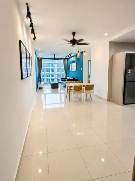 Living features: white painted walls, blue accent wall, polished ceramic tile flooring, 5-blade ceiling fan with light, track lighting, floor-to-ceiling windows, sheer curtains, sofa, dining table with four chairs, refrigerator; style: modern; view: city.
