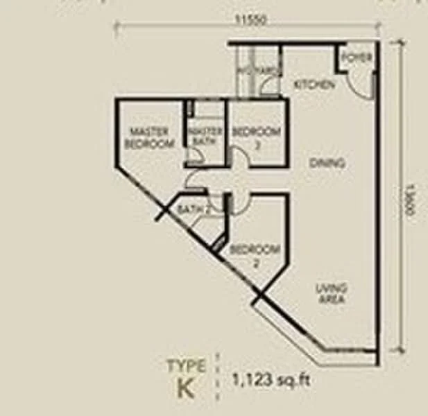 Floor plan: 3-bedroom 2-bathroom unit; features: open-plan kitchen-dining-living, master bedroom with ensuite bathroom, bedroom 2 with shared bathroom, utility room, central foyer.