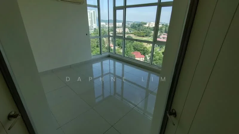 Room features: floor-to-ceiling windows, white painted walls, glossy tile flooring, air conditioning unit, city view, natural light, corner room, neutral color palette; style: modern; view: city.