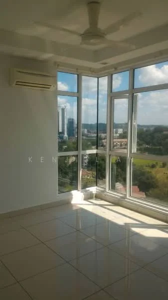 Room features: floor-to-ceiling windows, white painted walls, glossy tile flooring, 1 wall-mounted split AC, ceiling fan, city view, natural light from windows; style: modern; view: city.