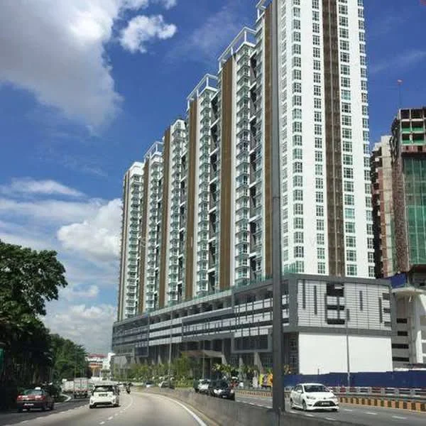 Exterior type: high-rise condominium; features: glass curtain wall, white painted facade, projecting balconies, multiple storeys, manicured landscaping, surrounded by greenery, roadside view, modern architectural design; style: modern.