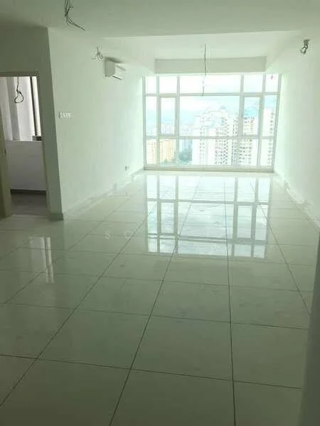Living features: white painted walls, polished marble tile flooring, floor-to-ceiling windows, city view, 1 wall-mounted split AC, recessed downlights, open layout, no visible furniture; style: modern; view: city.