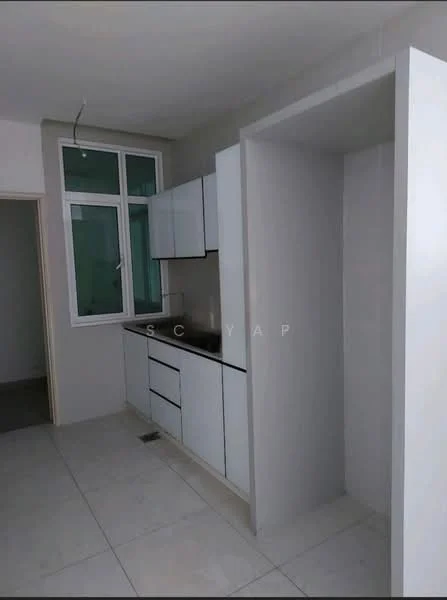 Kitchen features: white flat-panel cabinets, black countertop, single-bowl stainless-steel sink, chrome pull-down faucet, ceramic tile flooring, window with green view, open layout, wall-mounted cabinet; style: modern.