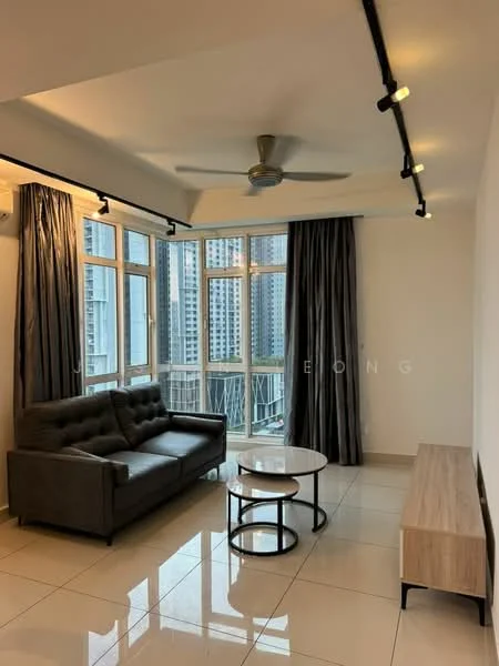 Living features: 3-seater fabric sofa in grey, round coffee table with black metal base, TV console in light wood, floor-to-ceiling windows, curtains in dark grey, recessed LED downlights, ceiling fan, white painted walls, glossy tile flooring; style: modern; view: city.