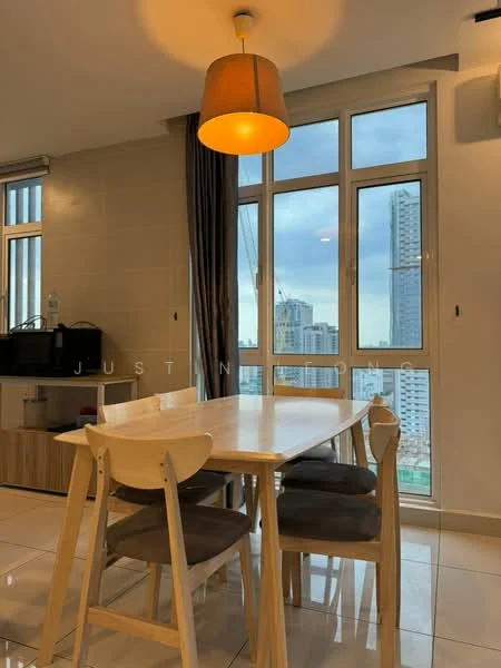 Dining features: wooden dining table, 4 dining chairs, pendant light fixture, floor-to-ceiling windows, grey curtains, white tiled flooring, built-in cabinetry, city view; style: modern; view: city.