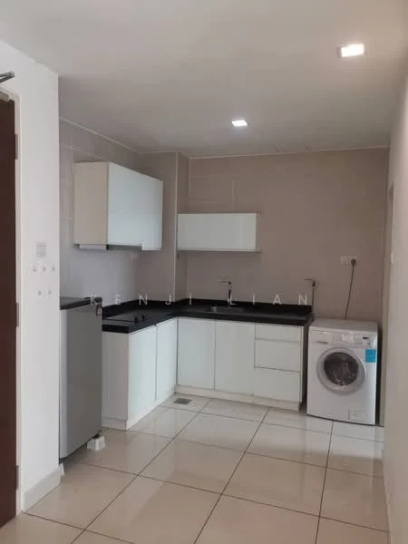 Kitchen features: black granite countertop, white cabinetry, stainless-steel fridge, built-in oven, single-bowl stainless-steel sink, chrome pull-down faucet, white tiled backsplash, washing machine, ceramic tile flooring, recessed LED downlights, wall-mounted cabinets, open shelving; style: modern.