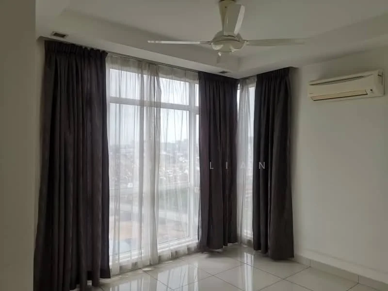 Room features: floor-to-ceiling windows, sheer curtains, blackout curtains, white painted walls, polished tile flooring, 5-blade ceiling fan, wall-mounted split AC; style: modern; view: city.