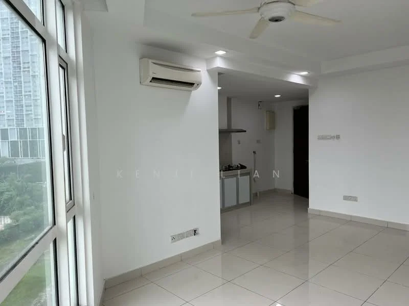Living features: white painted walls, glossy tile flooring, 5-blade ceiling fan with light, wall-mounted split AC, floor-to-ceiling windows, natural light, open layout, kitchenette area visible; style: modern; view: garden.