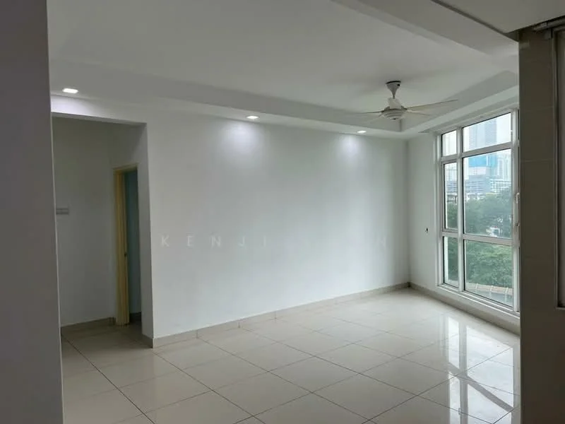 Room features: white painted walls, recessed downlights, 5-blade ceiling fan, glossy ceramic tile flooring, large windows, city view, neutral color scheme; style: modern; view: city.
