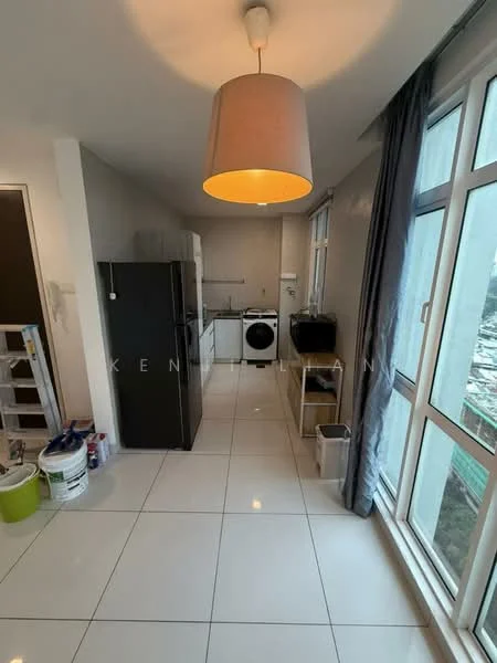Kitchen features: white painted walls, glossy white tile flooring, single-bowl stainless-steel sink, chrome pull-down faucet, built-in oven, freestanding range oven, white refrigerator, front-load washing machine, black countertop, window with sheer curtains, ceiling light fixture, open shelving, storage cabinets; style: modern; view: city.