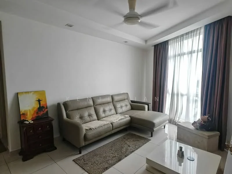 Living features: 3-seater fabric sofa in grey, L-shape sectional sofa, coffee table, area rug, floor-to-ceiling windows, sheer curtains, dark brown curtains, white painted walls, recessed downlights, ceiling fan; style: modern.