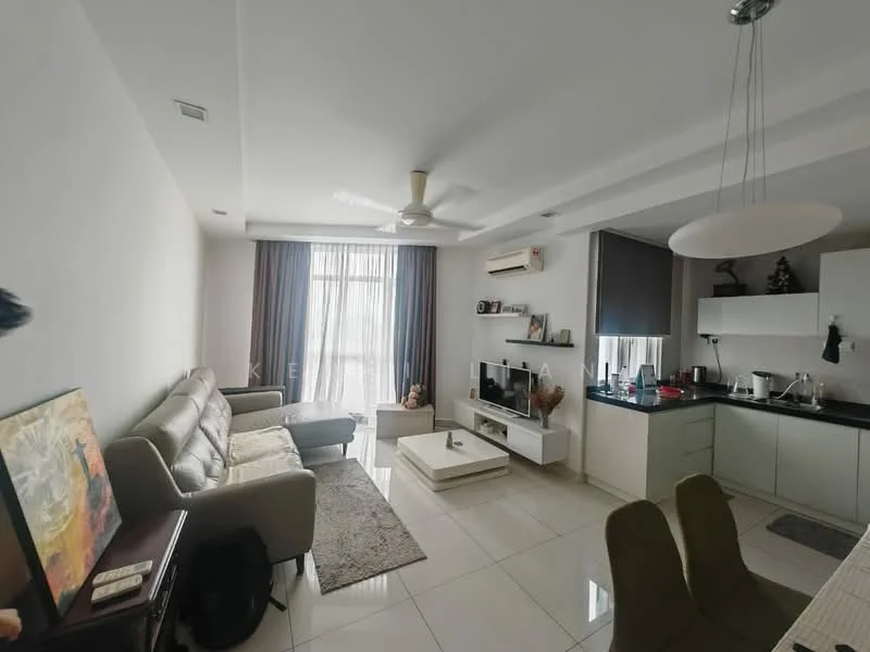 Living features: 3-seater fabric sofa in light grey, coffee table, TV console, wall-mounted TV, area rug, floor-to-ceiling windows with sheer curtains, ceiling fan with light, recessed downlights, decorative wall art, open shelving unit, dining table with chairs, kitchen island with bar stools; style: modern; view: city. Kitchen features: white cabinetry, black countertop, stainless-steel sink, built-in oven, freestanding range oven, microwave, refrigerator, tile backsplash, open shelving; style: modern.