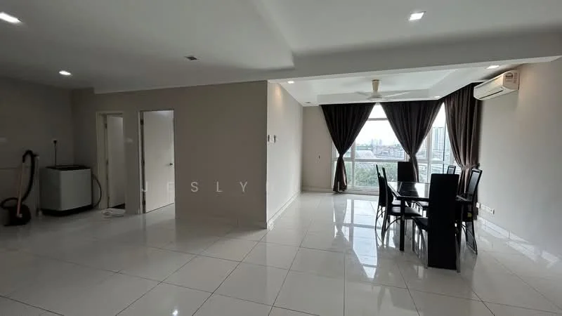 Living features: white painted walls, glossy ceramic tile flooring, recessed downlights, 5-blade ceiling fan, floor-to-ceiling windows, blackout curtains, dining table with black chairs, vacuum cleaner, air conditioning unit; style: modern; view: city. Room features: white painted walls, ceramic tile flooring, door leading to another room.