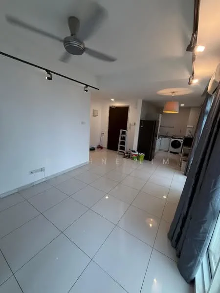 Living features: white painted walls, glossy ceramic tile flooring, 5-blade ceiling fan with light, recessed LED downlights, sliding glass door, floor-to-ceiling windows with sheer curtains, grey curtains, open layout, wall-mounted TV bracket, decorative light fixture, utility area with washing machine; style: modern.