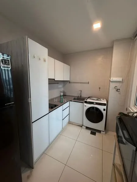 Kitchen features: white cabinetry with flat-panel doors, black countertop, stainless-steel single-bowl sink, chrome pull-down faucet, built-in oven, freestanding washing machine, refrigerator, ceramic tile flooring, wall-mounted cabinets, window with sheer curtains, LED recessed lighting; style: modern.