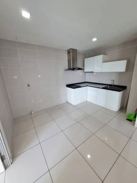 Kitchen features: white flat-panel cabinets, black granite countertop, stainless-steel range hood, ceramic tile flooring, white tiled walls, single-bowl stainless-steel sink, built-in oven, 4-burner gas hob, recessed LED downlights; style: modern.