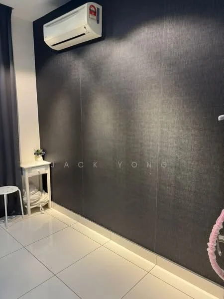 Room features: grey accent wall, white tiled flooring, wall-mounted split AC, small white side table, decorative plant, curtains, soft lighting; style: modern.