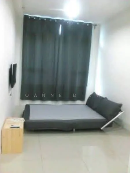Bedroom features: grey mattress on a foldable bed frame, black curtains, white painted walls, glossy tile flooring, wall-mounted TV, wooden side table.
