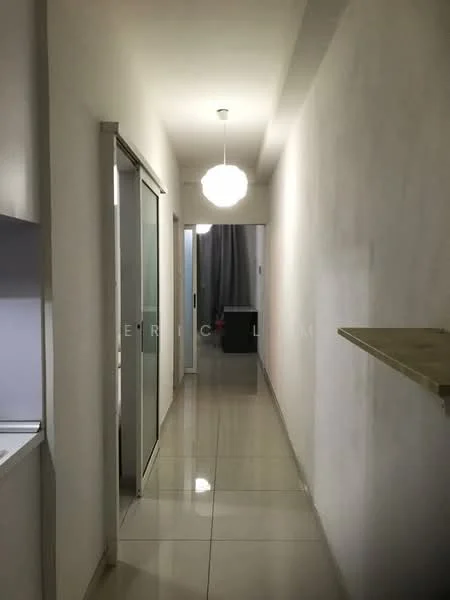 Hallway features: white painted walls, glossy tile flooring, ceiling light fixture, sliding glass door, open shelving, neutral color scheme, narrow corridor layout; style: modern.