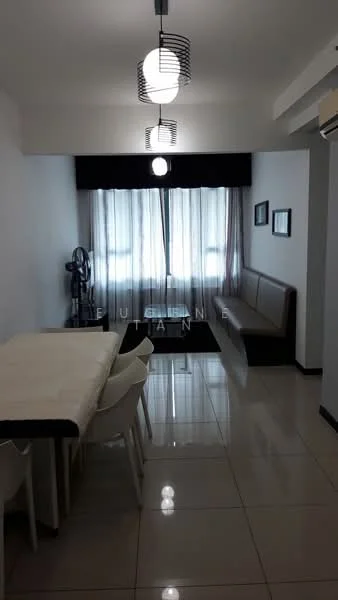 Living features: white painted walls, glossy tile flooring, recessed downlights, pendant light fixture, floor-to-ceiling windows, sheer curtains, blackout curtains, sofa with backrest, dining table with white chairs, decorative wall frames; style: modern.