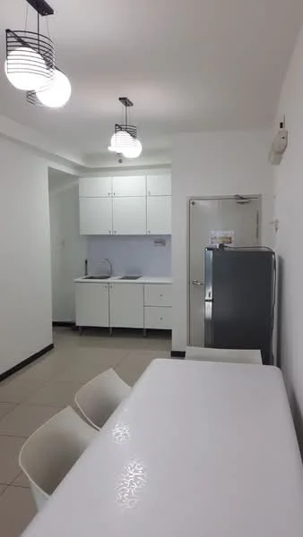 Kitchen features: white cabinets, stainless-steel sink, chrome faucet, white countertop, built-in oven, refrigerator, 3 pendant lights, tile flooring, wall-mounted cabinet, open shelving, dining table, 4 white chairs; style: modern.