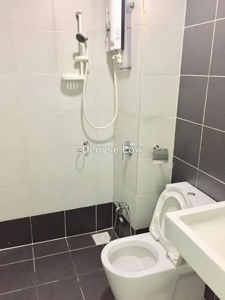 Bathroom features: white ceramic toilet, wall-mounted shower head, handheld shower, grey tile flooring, white wall tiles, black accent tiles, single-sink vanity with white cabinet, mirror above sink; style: modern.
