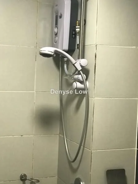 Bathroom features: shower head, wall-mounted shower mixer, white tiled walls, grey tiled flooring, water heater, chrome shower hose.