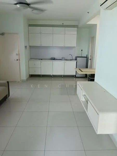 Living features: white painted walls, light grey tiled flooring, 5-blade ceiling fan, wall-mounted TV console, open kitchen layout, white cabinetry, stainless-steel sink, built-in countertop, refrigerator, dining table, neutral color palette; style: modern.