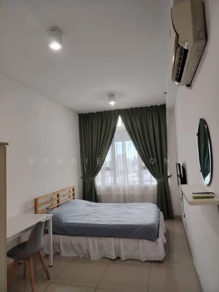 Bedroom features: queen-size bed with light blue bedding, white bed skirt, wall-mounted TV, study desk, grey dining chair, floor-to-ceiling window with sheer curtains, green curtains, wall-mounted mirror, 1 wall-mounted split AC, recessed downlights, cream painted walls, tile flooring; style: modern; view: city.