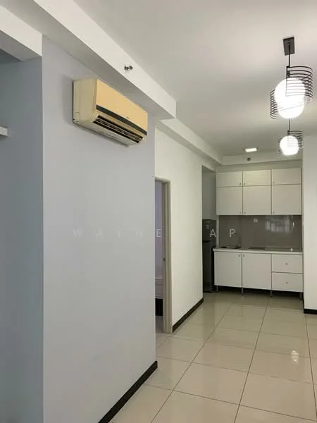 Room features: light grey painted walls, white ceiling, recessed downlights, 1 wall-mounted split AC, ceramic tile flooring, kitchen cabinetry with white finish, countertop with grey surface, open layout, doorway leading to another room; style: modern.