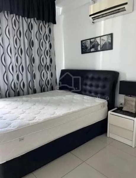 Bedroom features: king-size bed base with upholstered headboard, white mattress, black bedside table, table lamp, wall-mounted split AC, white painted walls, grey patterned curtains, glossy tile flooring, framed artwork on wall; style: modern.