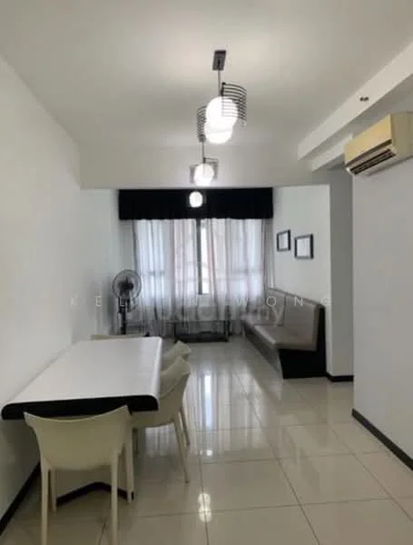 Dining features: white painted walls, glossy tile flooring, 5-blade ceiling fan with light, recessed downlights, large window with sheer curtains, dining table with black and white design, 4 white upholstered dining chairs, wall-mounted air conditioning unit, decorative wall art, bench seating against the wall; style: modern.