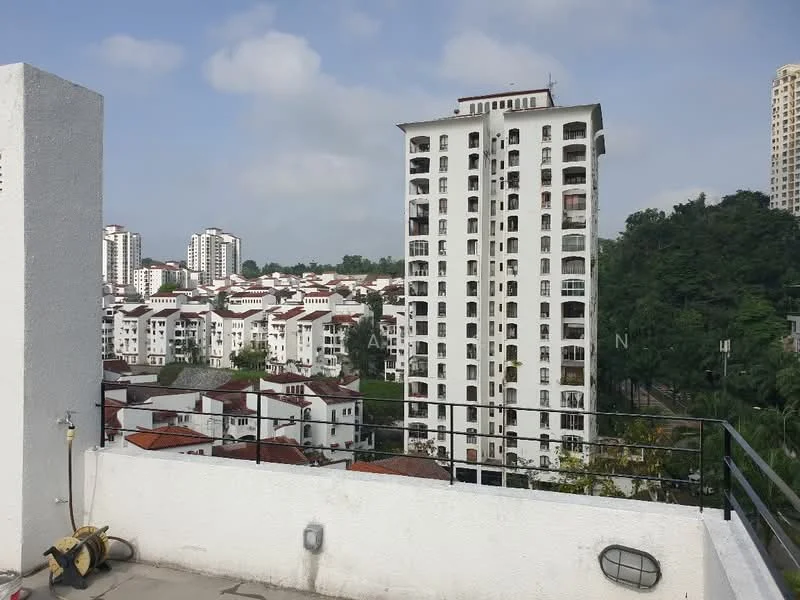 Exterior type: high-rise condominium; features: white painted facade, glass balcony railings, surrounded by greenery, multiple storeys, adjacent to low-rise buildings, city skyline view; style: modern.