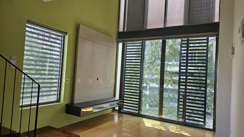 Living features: green painted walls, wood flooring, large floor-to-ceiling windows, horizontal slatted window treatments, built-in wall unit with storage, natural light, view of greenery, open layout; style: modern; view: garden.