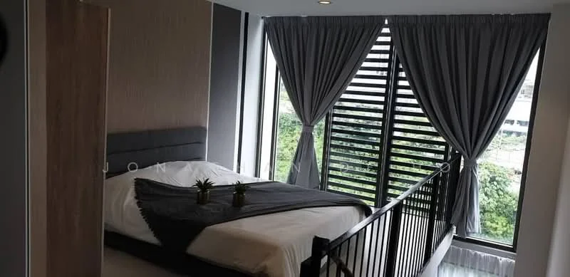 Bedroom features: king-size bed with grey upholstered headboard, white bedding, black metal bed frame, floor-to-ceiling windows, grey curtains, wooden flooring, decorative plants on bedside table, black railing, accent wall with textured finish, recessed downlights; style: modern; view: garden.