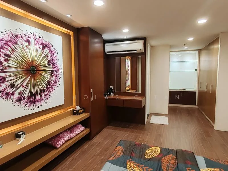 Bedroom features: wooden flooring, painted walls in neutral color, wall-mounted air conditioning unit, built-in wardrobe with sliding doors, decorative wall art with floral design, wooden shelving unit, dressing table with mirror, recessed downlights, area rug, bed with patterned bedding; style: modern.