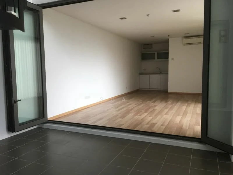 Living features: light wood flooring, white painted walls, recessed downlights, floor-to-ceiling windows, sliding glass door, air conditioning unit, open kitchen area, neutral color palette; style: modern; view: city.