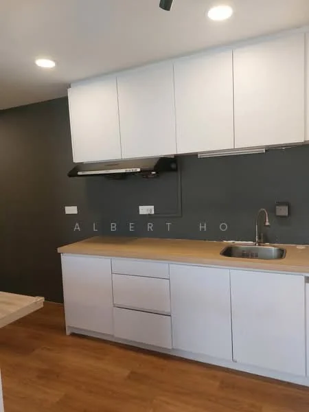 Kitchen features: white cabinetry, wood countertop, stainless-steel sink, chrome pull-down faucet, built-in range hood, grey accent wall, recessed LED downlights, laminate flooring; style: modern.