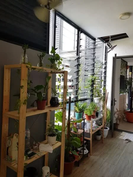 Room features: wooden shelving unit, various potted plants, sliding glass door, large windows, window blinds, wooden flooring, decorative wall, natural light; style: modern; view: garden.