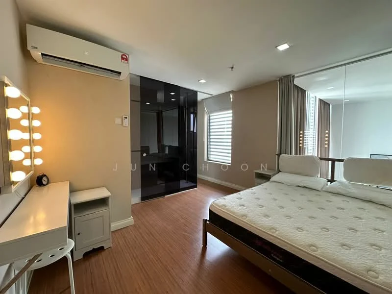 Bedroom features: wooden flooring, white painted walls, 1 wall-mounted split AC, floor-to-ceiling windows, black glass partition, upholstered headboard, bed with mattress, vanity table with mirror, desk chair, curtains, built-in wardrobe; style: modern.