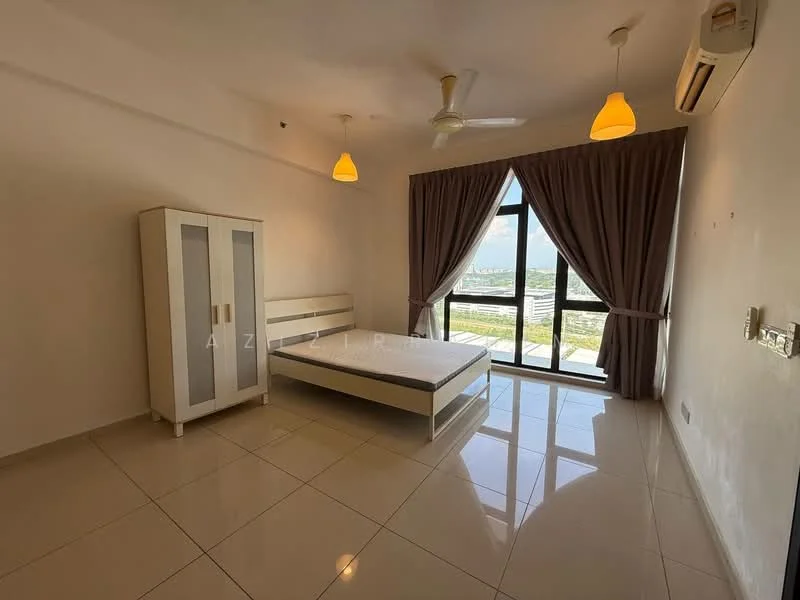 Bedroom features: white painted walls, glossy tile flooring, 5-blade ceiling fan with light, 2 pendant lamps, floor-to-ceiling windows, sliding glass door, brown curtains, white wardrobe with mirrored doors, queen-size bed frame without mattress; style: modern; view: city.