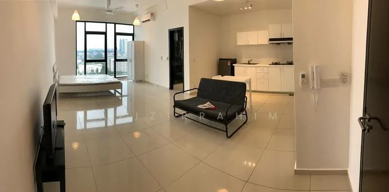 Living features: white painted walls, glossy ceramic tile flooring, 5-blade ceiling fan with light, floor-to-ceiling windows, black fabric sofa, TV console, wall-mounted TV, refrigerator, kitchen cabinetry in white, stainless-steel gas hob, built-in oven, kitchen countertop, dining table, mattress on bed frame; style: modern; view: city.