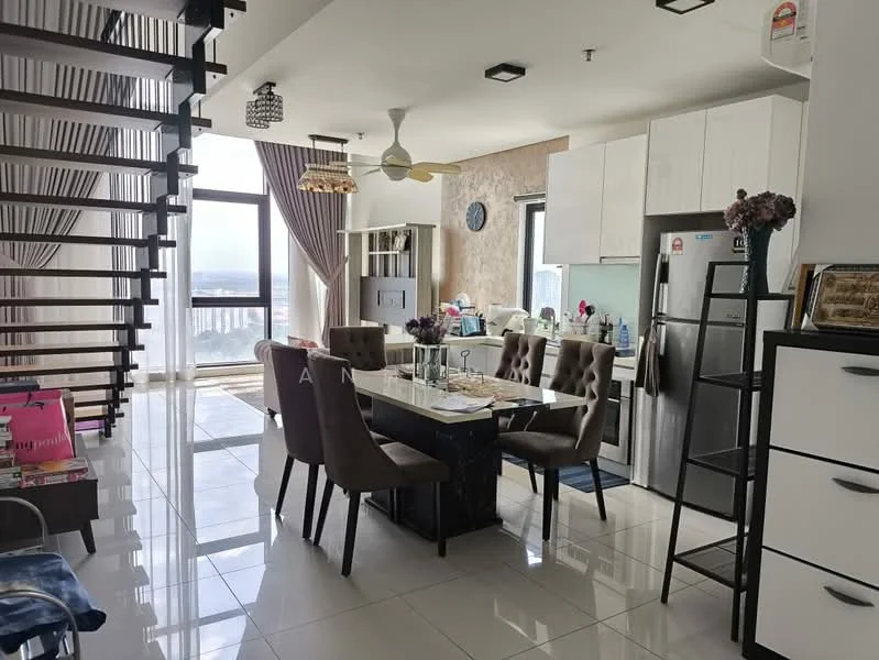 Dining features: 6-seater dining table with upholstered chairs, pendant light fixture, ceiling fan, white cabinetry, stainless-steel fridge, built-in oven, kitchen island, marble countertop, white tiled flooring, large window with city view, decorative wall with textured finish, open layout to living area; style: modern; view: city.