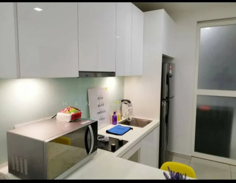 Kitchen features: white glossy cabinetry, stainless-steel refrigerator, built-in microwave, single-bowl stainless-steel sink, chrome pull-down faucet, white countertop, glass backsplash, under-cabinet lighting, tile flooring, yellow dining chair; style: modern.