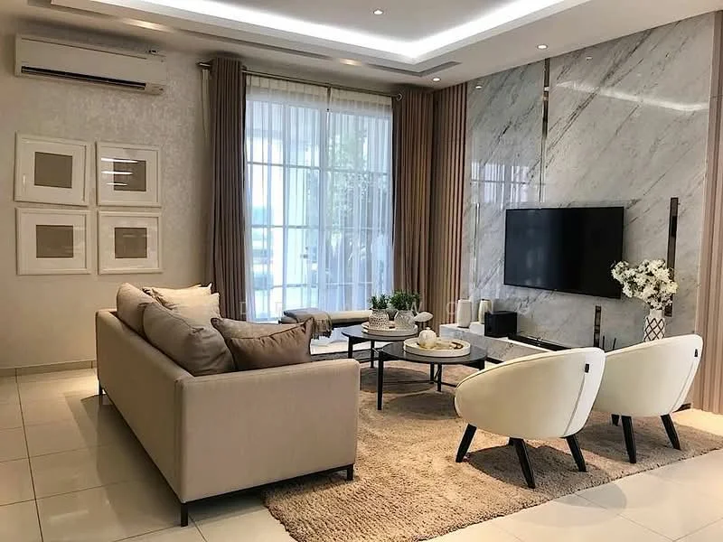 Living features: 3-seater fabric sofa in beige, 2 accent chairs in white, round coffee table with black base, area rug with neutral color, wall-mounted TV, marble feature wall, floor-to-ceiling windows with sheer curtains, recessed downlights, air conditioning unit, decorative wall art in frames, vase with flowers on coffee table; style: modern.