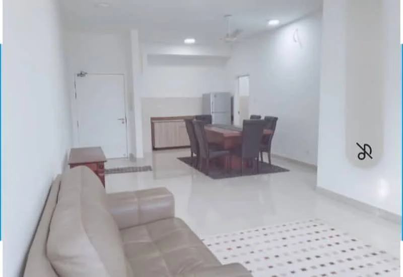 Living features: beige leather sofa, dining table with six chairs, refrigerator, white painted walls, glossy tile flooring, ceiling fan, recessed downlights, area rug with geometric pattern, wooden side table, door to hallway; style: modern.