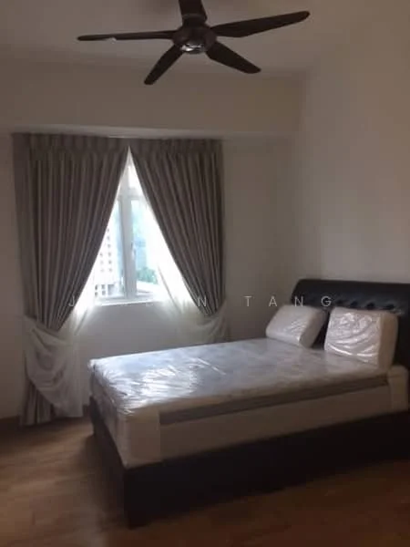 Bedroom features: queen-size bed with mattress protector, upholstered headboard, wooden flooring, 5-blade ceiling fan, floor-to-ceiling window, sheer curtains, blackout curtains, decorative wall, nightstand, wall-mounted light fixture; style: modern; view: city.