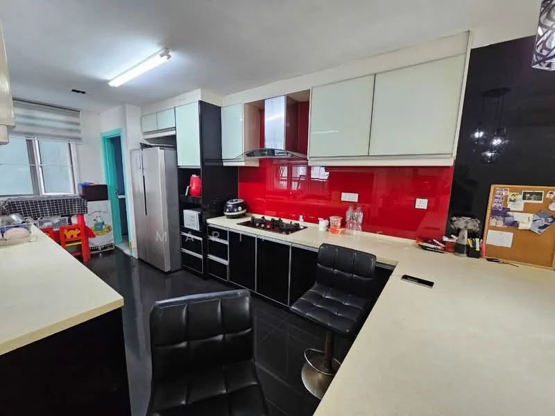 Kitchen features: black cabinetry, white countertop, red backsplash, stainless-steel fridge, built-in oven, 4-burner gas hob, stainless-steel range hood, black bar stools, kitchen island, wall-mounted cabinets, tile flooring, recessed lighting; style: modern.