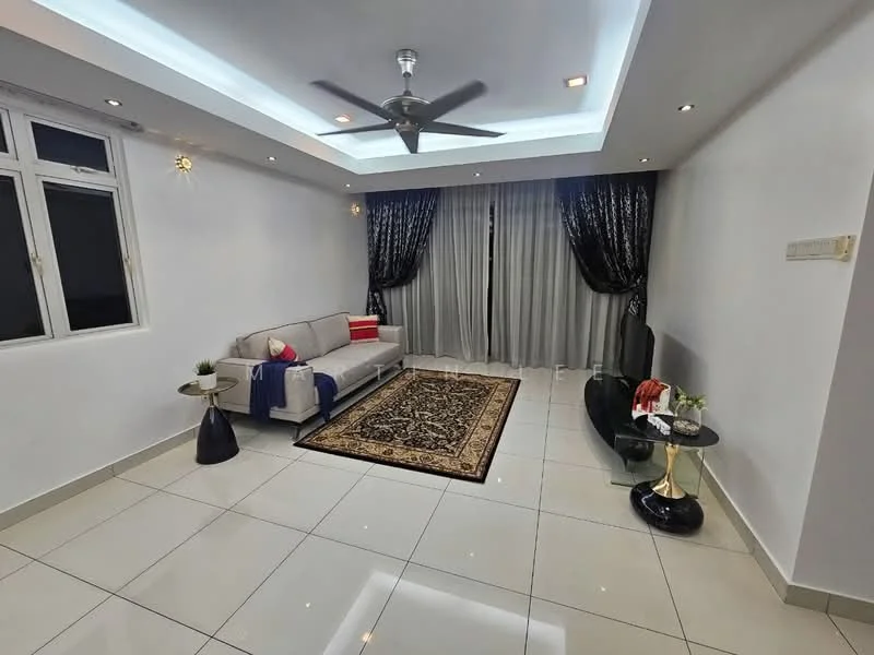 Living features: 3-seater fabric sofa in light grey, black and gold area rug, white painted walls, glossy tile flooring, ceiling with recessed lighting, 5-blade ceiling fan with light, floor-to-ceiling windows with sheer curtains, black curtains, TV console, wall-mounted TV, decorative plant on side table, decorative side table with gold accents; style: modern.